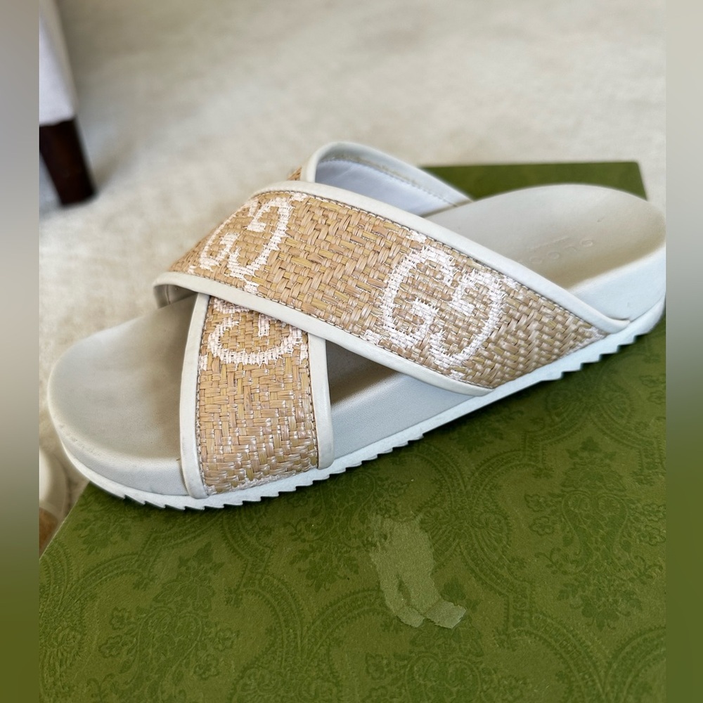 GUCCI Crossover Strap Raffia And Leather Sandals - Picture 10 of 14